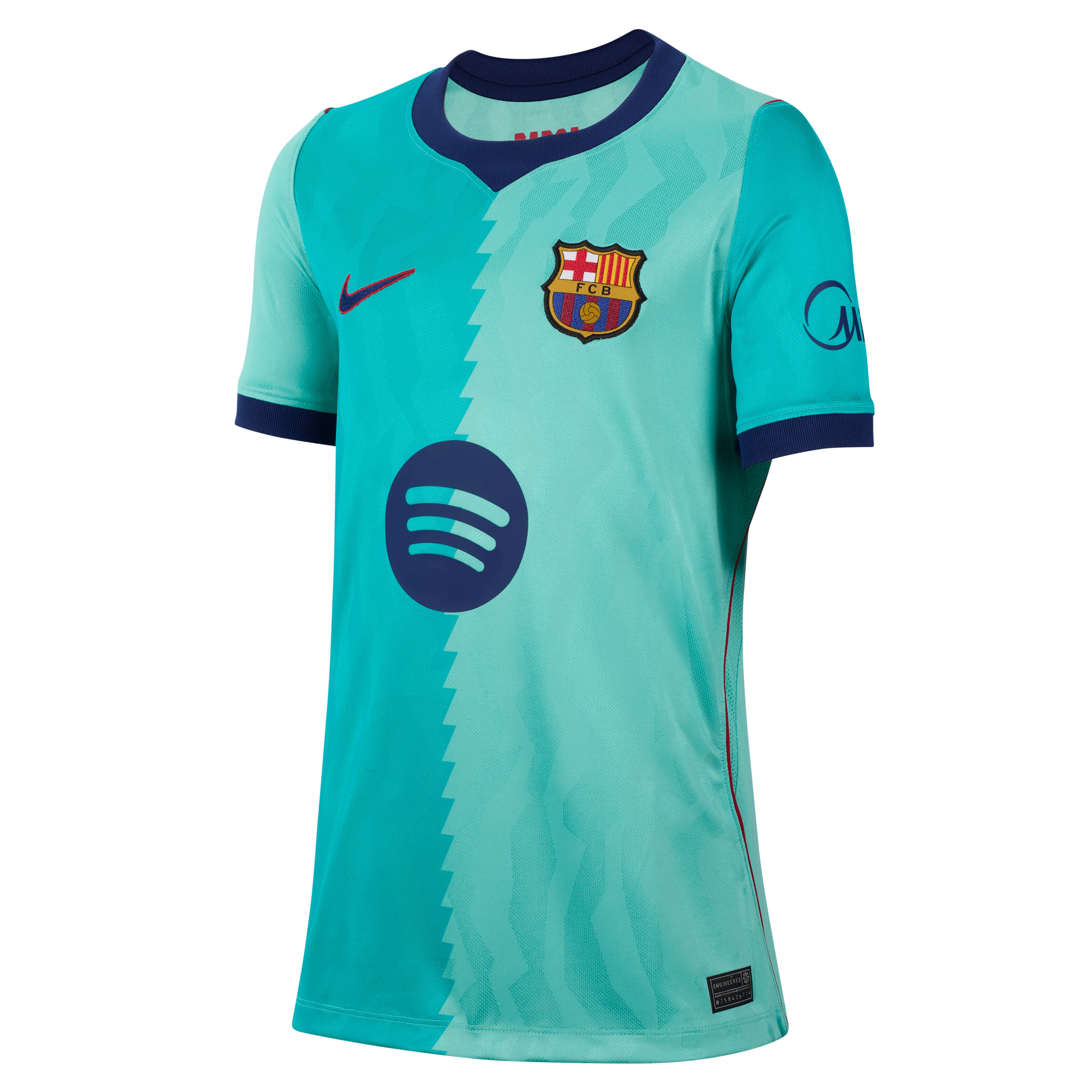 Coliseum Sports youth FC Barcelona 3rd stadium jersey in teal with navy accents and woven team crest