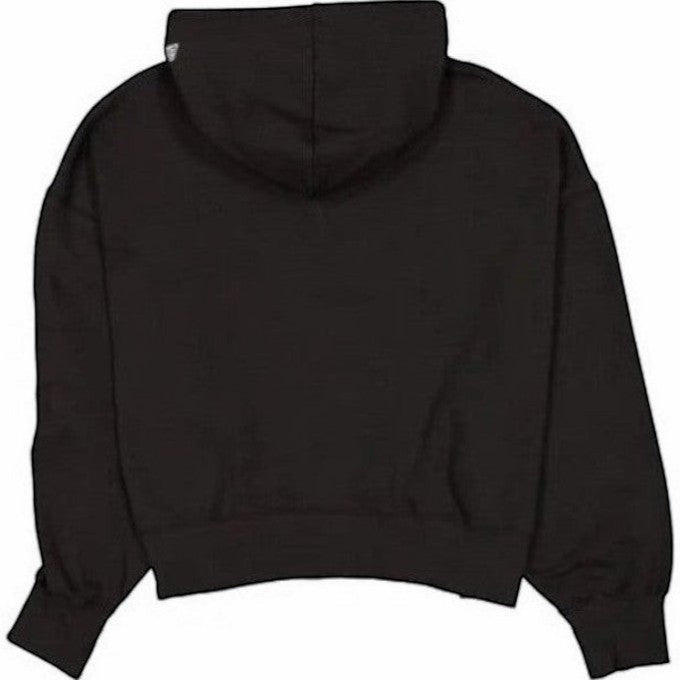 Back view of a black Coliseum Sports Las Vegas Raiders women's cropped pullover hoodie with a drawstring hood.