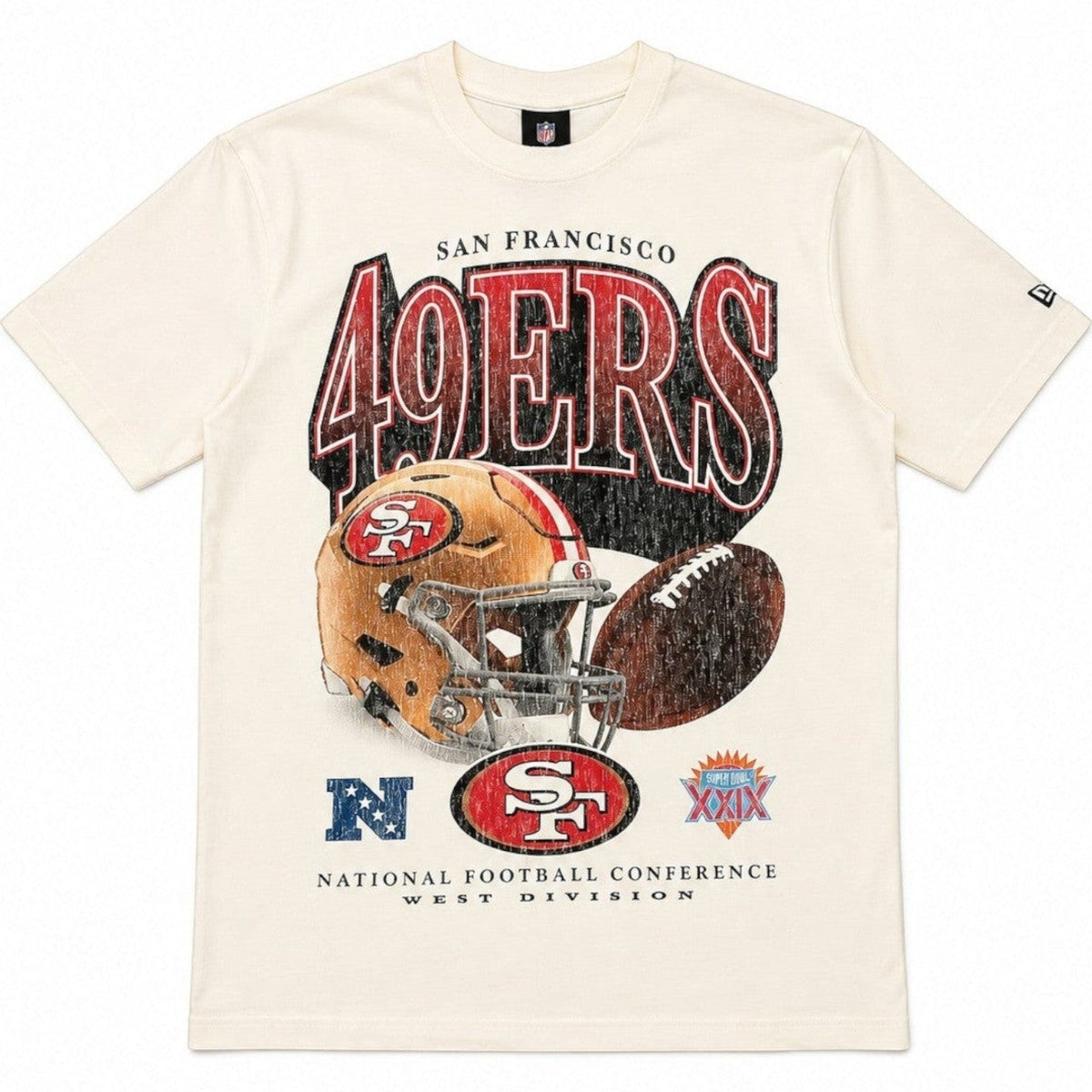 Coliseum Sports ivory cotton t-shirt with vintage San Francisco 49ers distressed graphic and football helmet print.