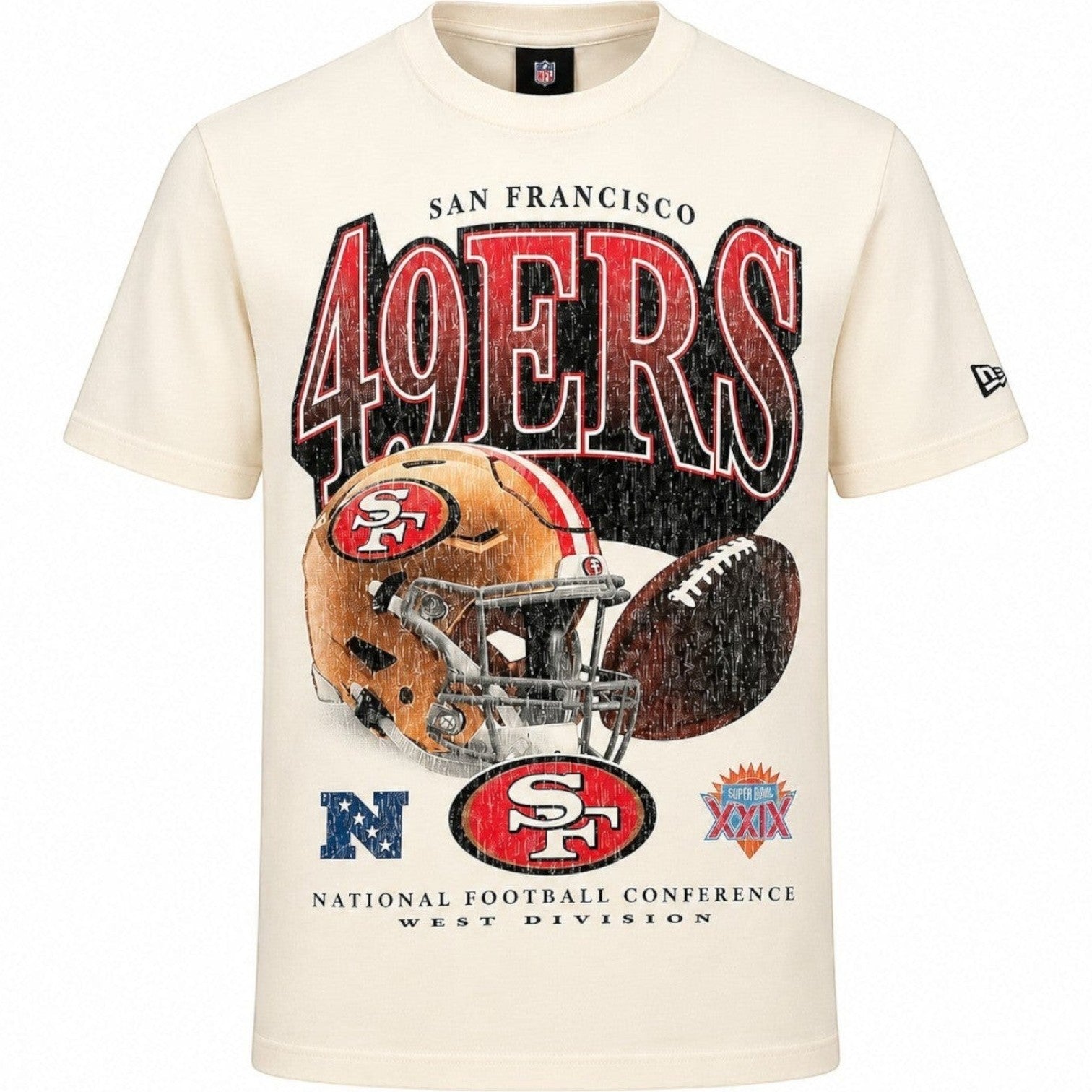 Coliseum Sports ivory cotton t-shirt with vintage San Francisco 49ers faded graphic, football helmet, and logo.