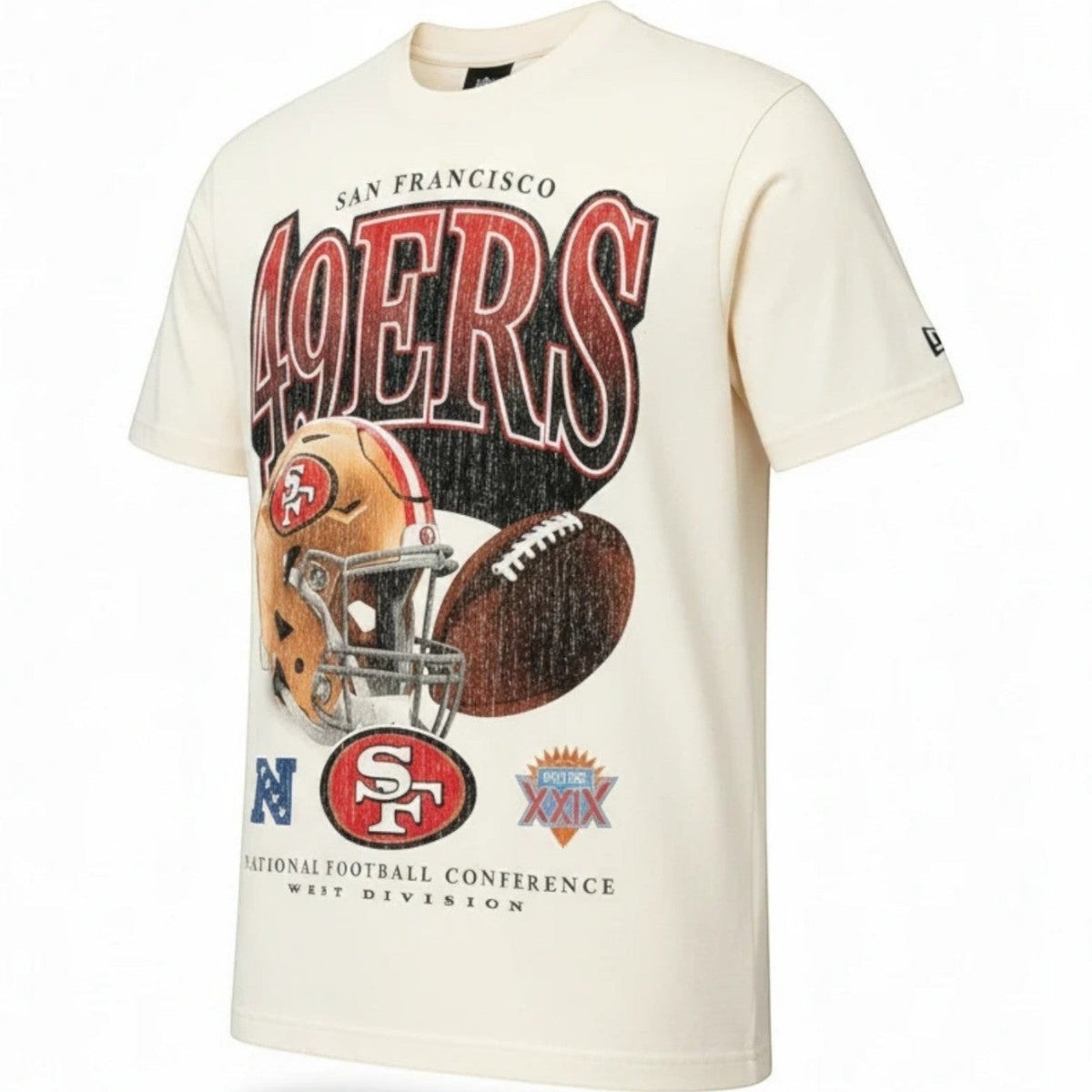 Coliseum Sports New Era ivory cotton t-shirt featuring a vintage San Francisco 49ers graphic with helmet and football