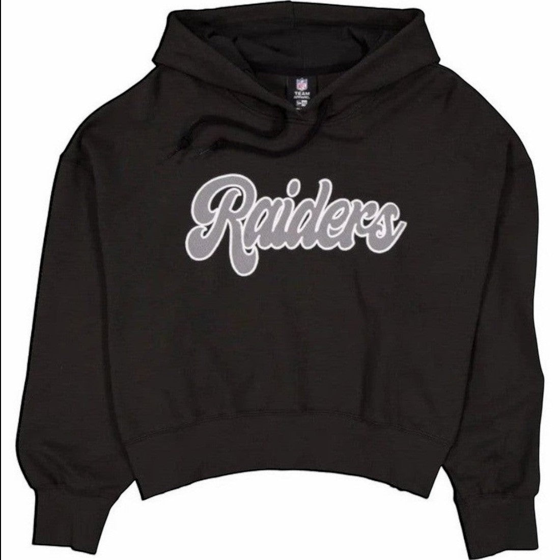 Coliseum Sports black Las Vegas Raiders women's cropped pullover hoodie with white script logo and drawstring hood