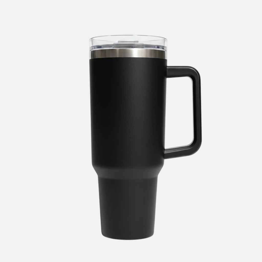 Coliseum Sports 40 oz matte black stainless steel tumbler with handle, clear lid, and flip straw for hydration.