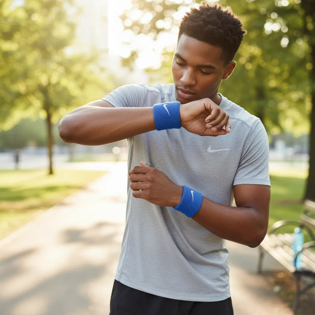 Coliseum Sports athlete wearing royal blue Nike Swoosh sweatbands on both wrists in a sunny outdoor park setting