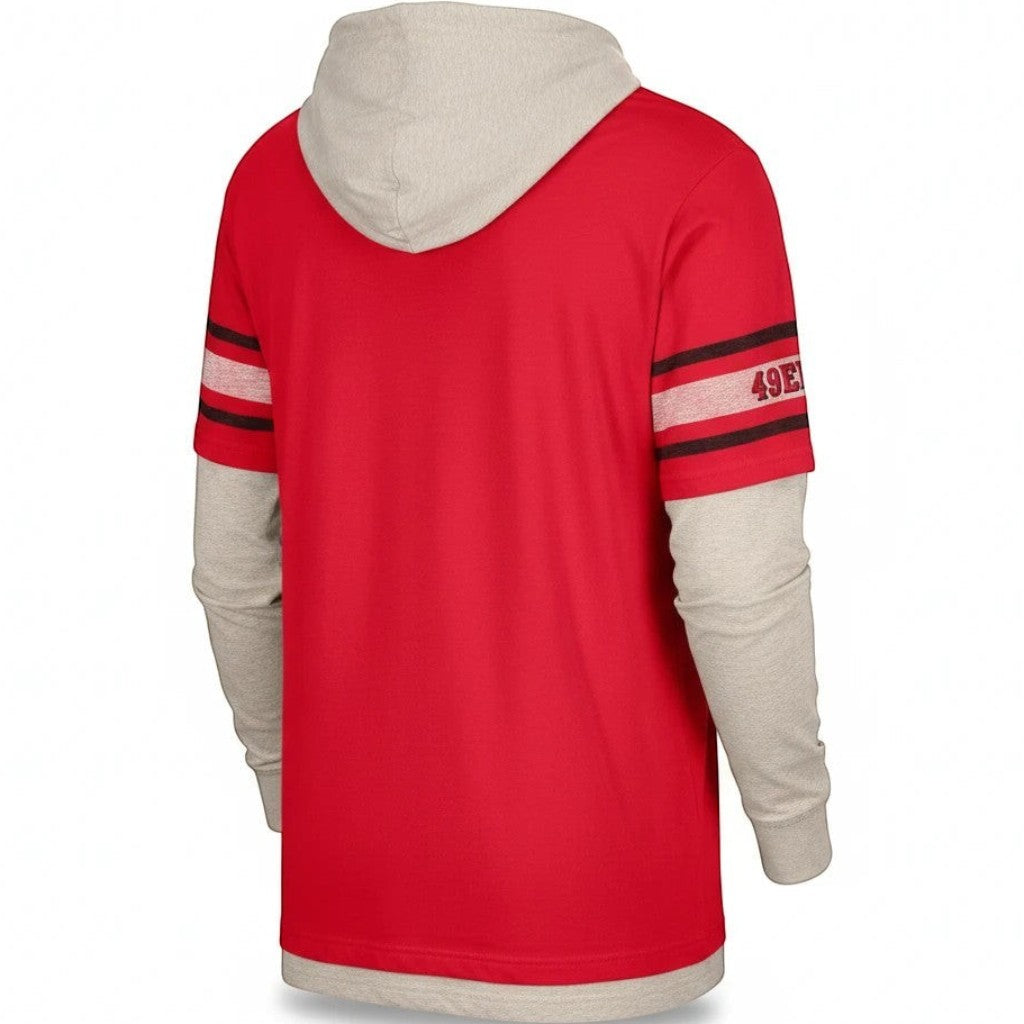 Back view of Coliseum Sports San Francisco 49ers red and grey layered long sleeve hoodie with team sleeve graphics