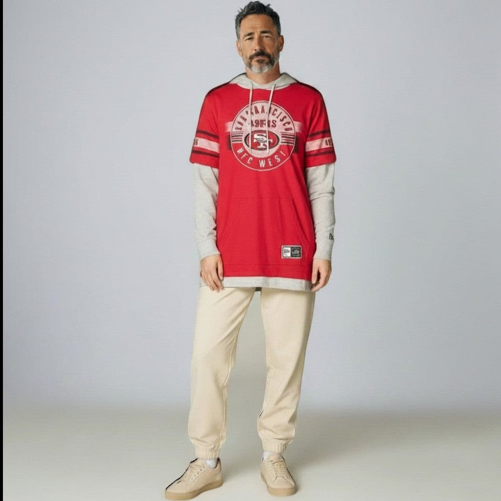 Coliseum Sports San Francisco 49ers red and grey layered long sleeve hoodie with team graphics on a male model