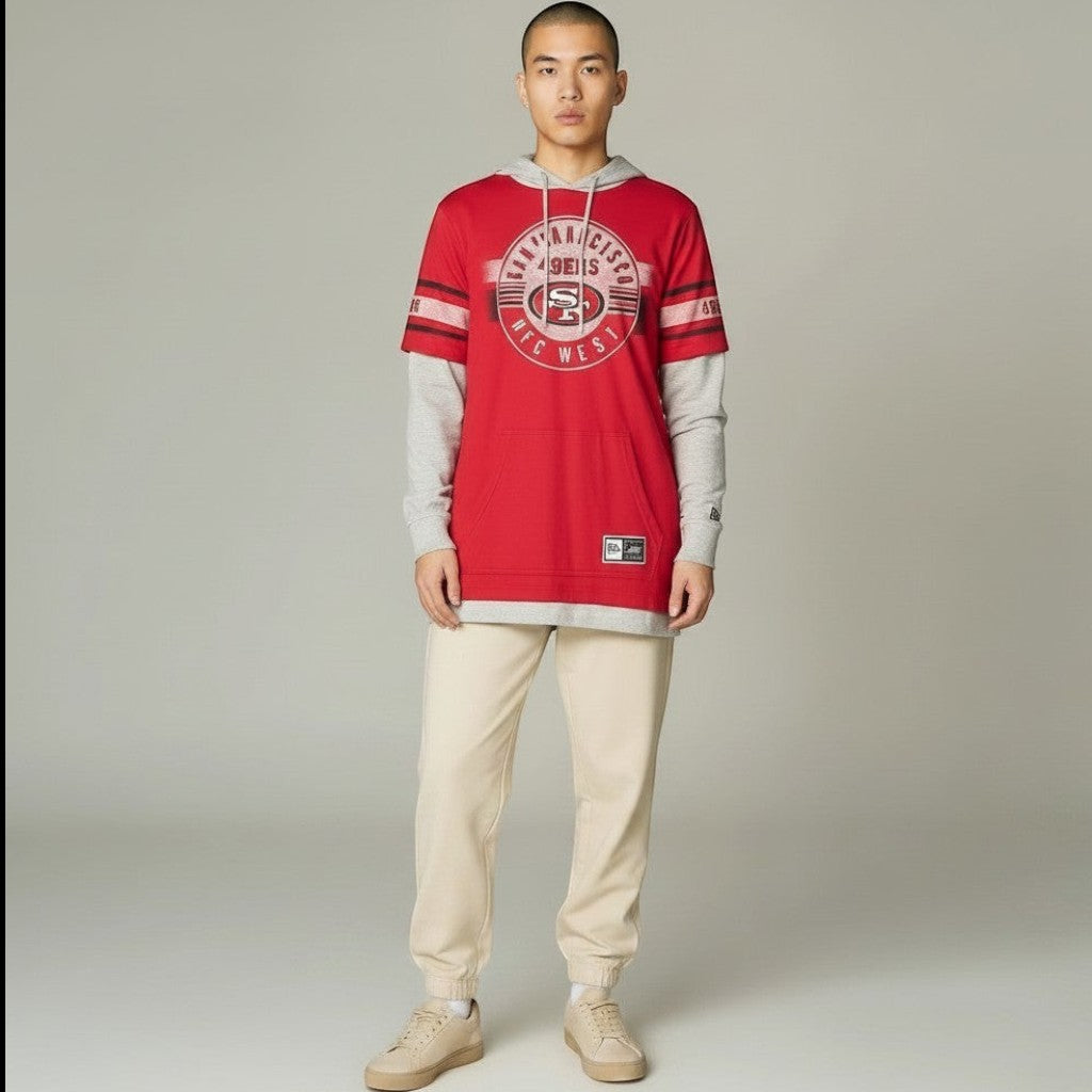 Coliseum Sports San Francisco 49ers red and grey layered long sleeve hoodie with team graphics on a male model