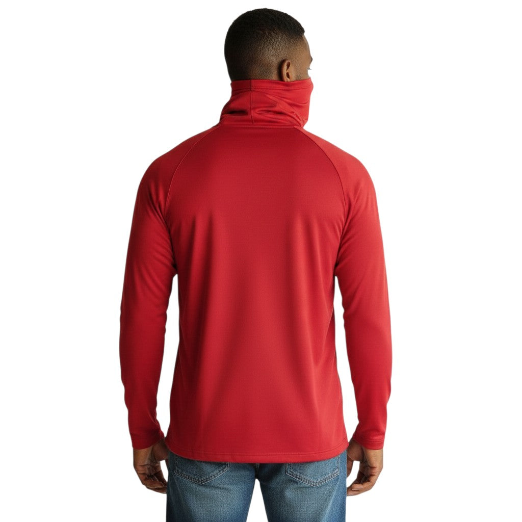 Coliseum Sports San Francisco 49ers red balaclava hoodie worn by a man, back view showing integrated face cover.