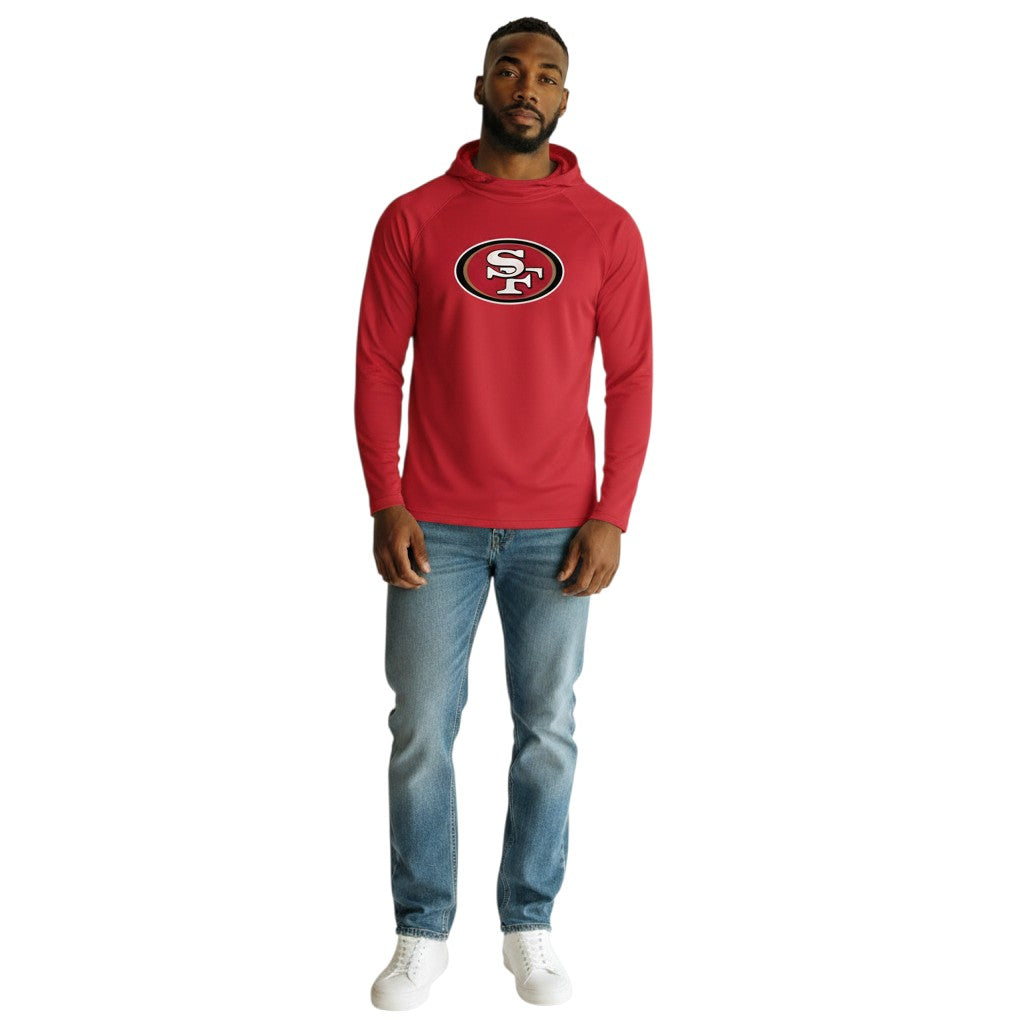 Coliseum Sports San Francisco 49ers red long-sleeve balaclava hoodie worn by a man with blue jeans and white sneakers