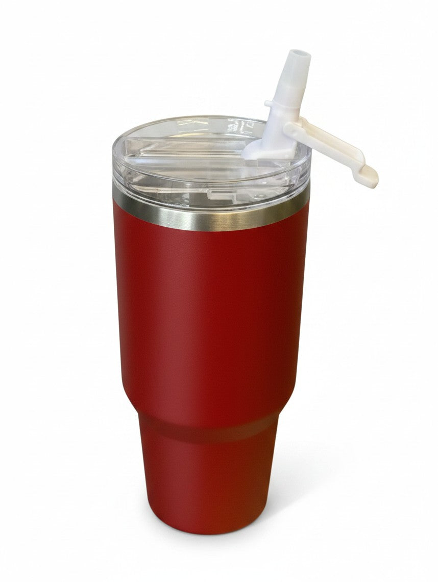 Coliseum Sports San Francisco 49ers 40 oz red stainless steel tumbler with a clear lid and white flip straw.