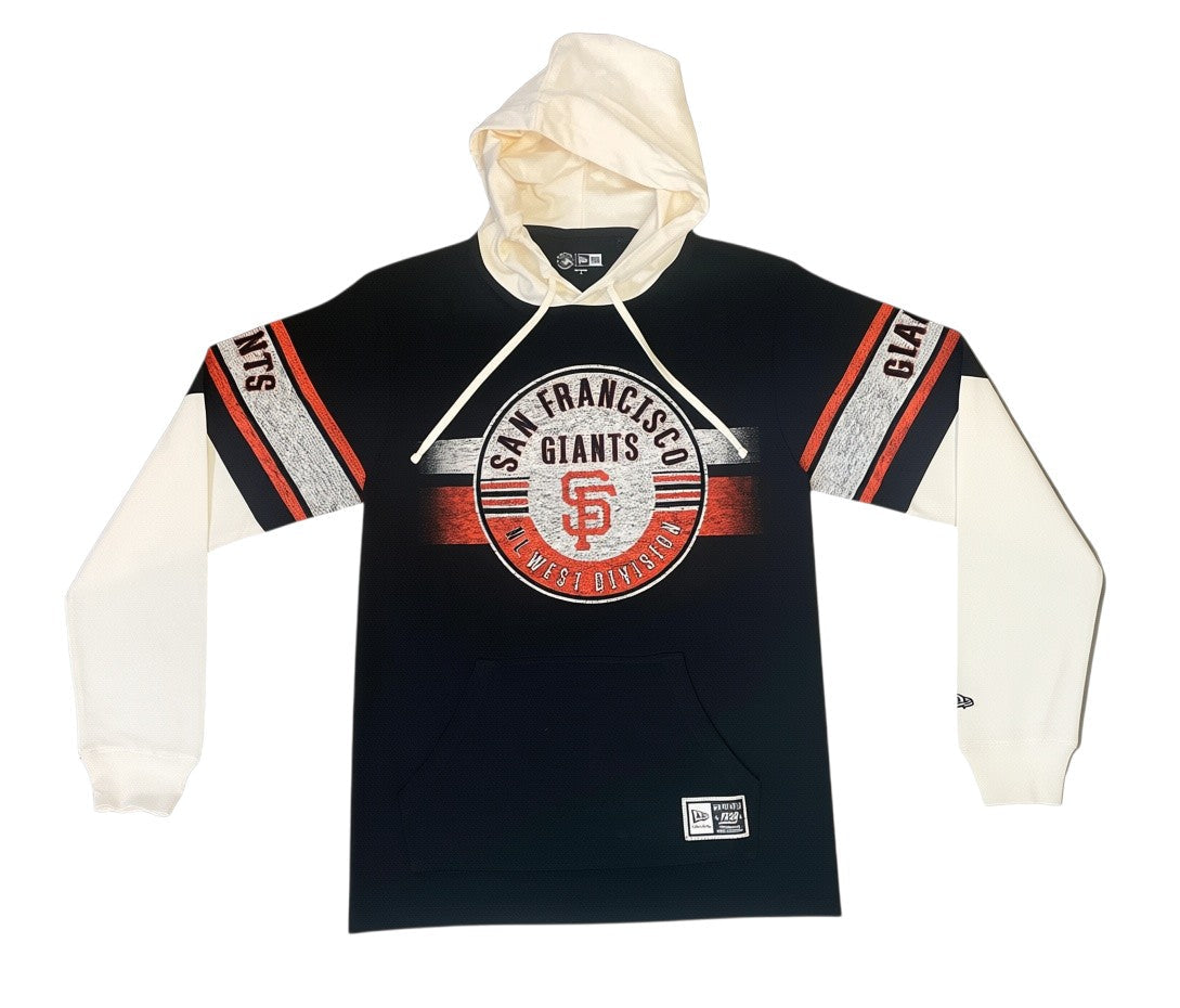 New Era San Francisco Giants black and white twofer pullover hoodie with team logo and striped sleeves