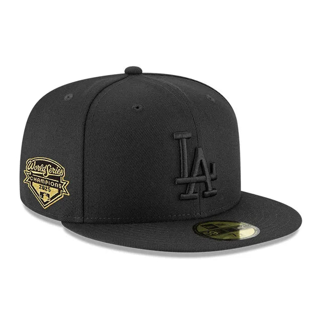 New EraLos Angeles Dodgers Black on Black with Gold 2025 World Series Champions Patch Grey UV New Era 59FIFTY Fitted Hat