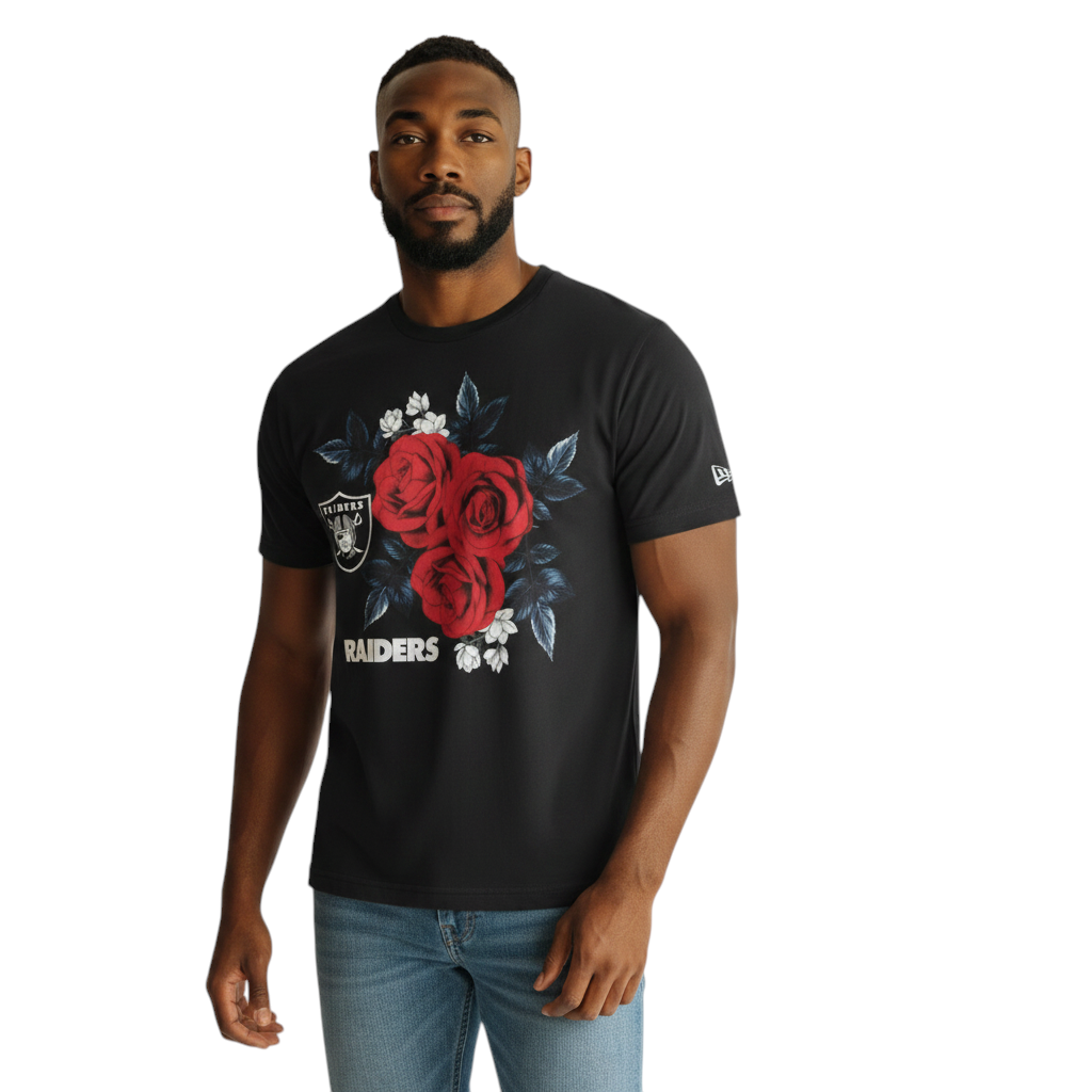 A man wearing a black Coliseum Sports New Era Las Vegas Raiders cotton t-shirt with a red rose and logo graphic.