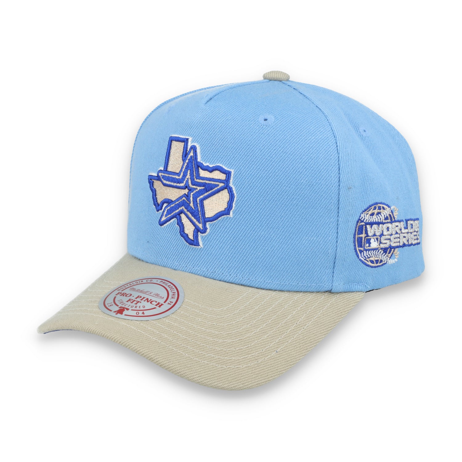 Mitchell & Ness Houston Astros 2005 World Series Side Patch Pro Pitch Snapback Hat-Light Blue/Beige