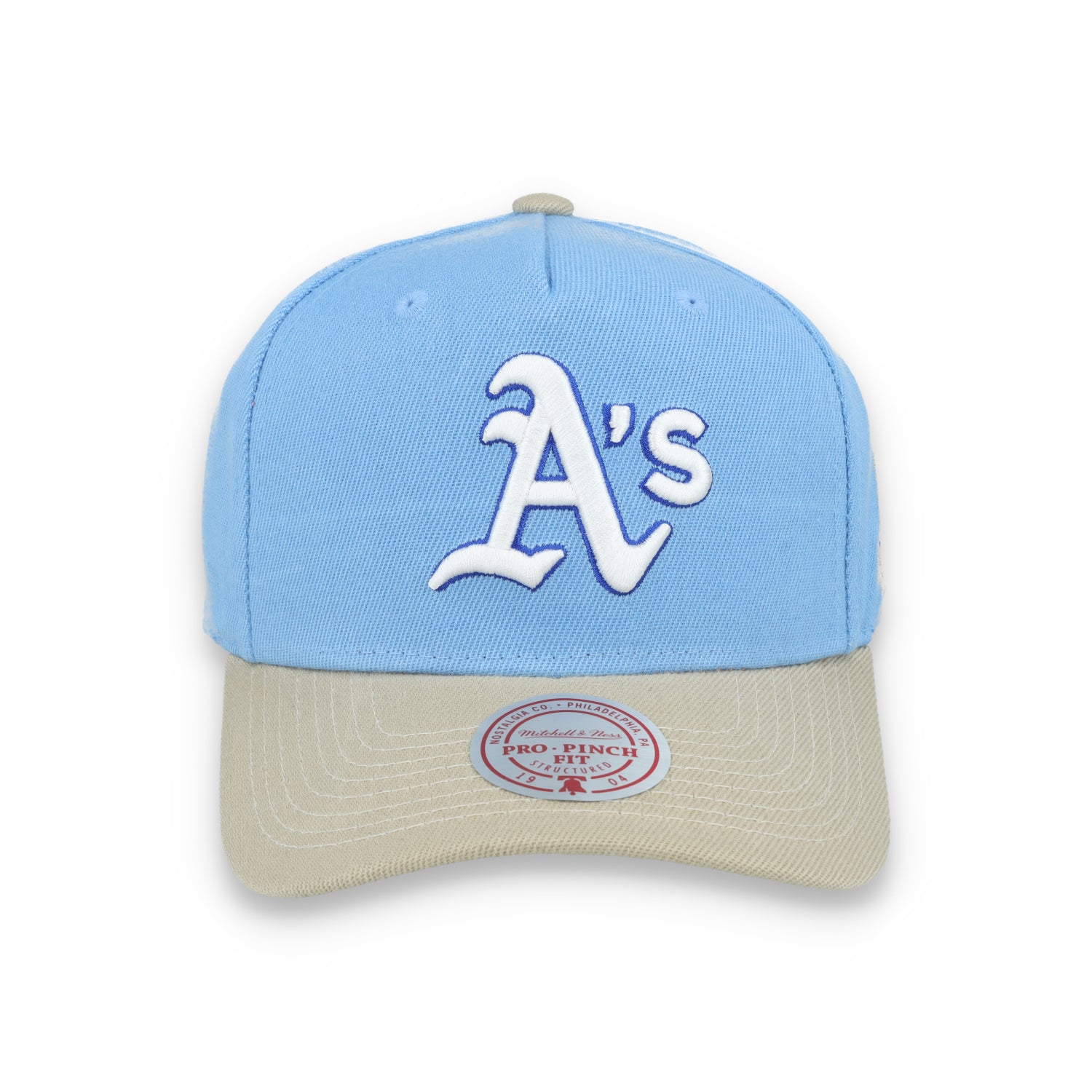 Mitchell & Ness Oakland Athletics 40TH Anniversary Side Patch Pro Pitch Snapback Hat-Light Blue/Beige