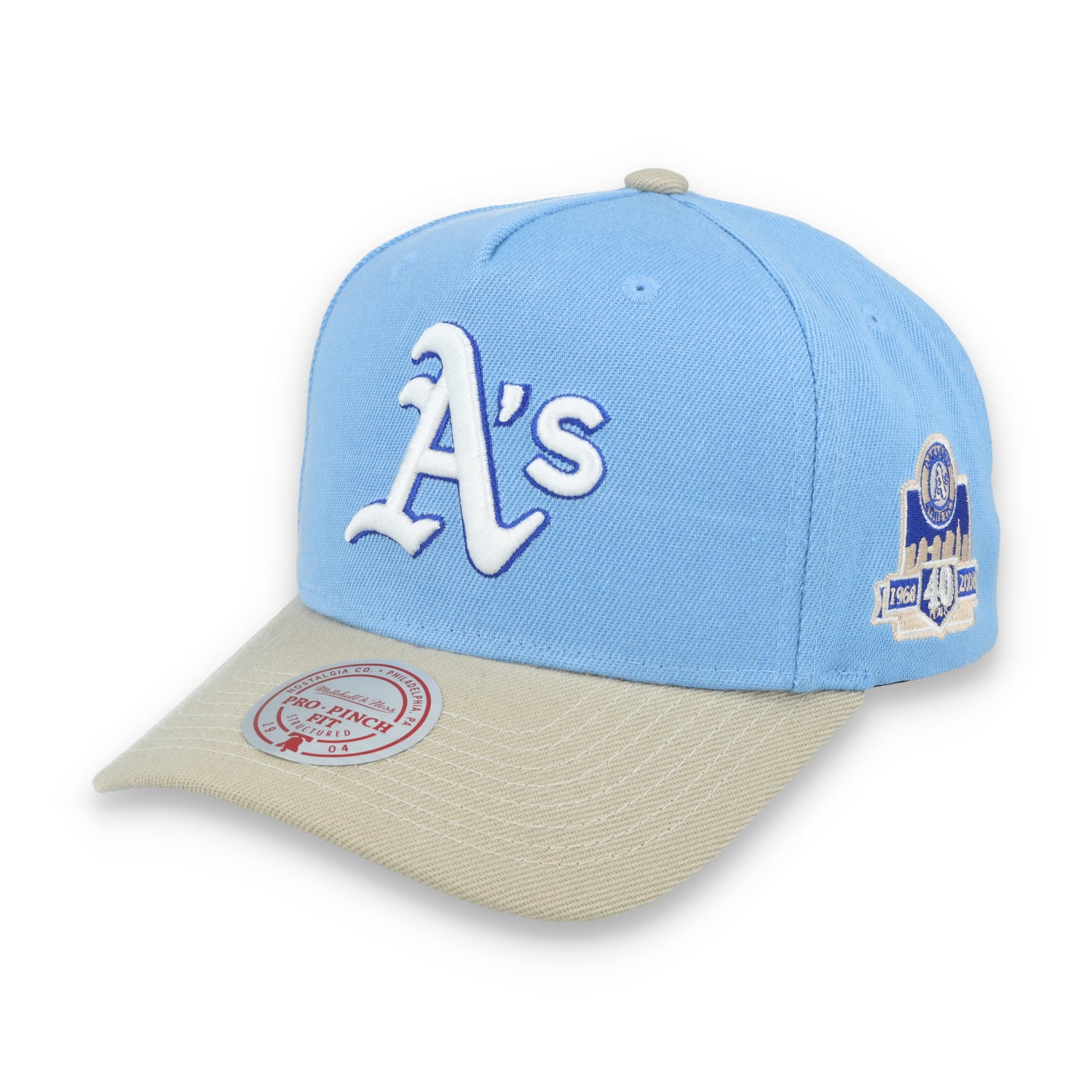 Mitchell & Ness Oakland Athletics 40TH Anniversary Side Patch Pro Pitch Snapback Hat-Light Blue/Beige