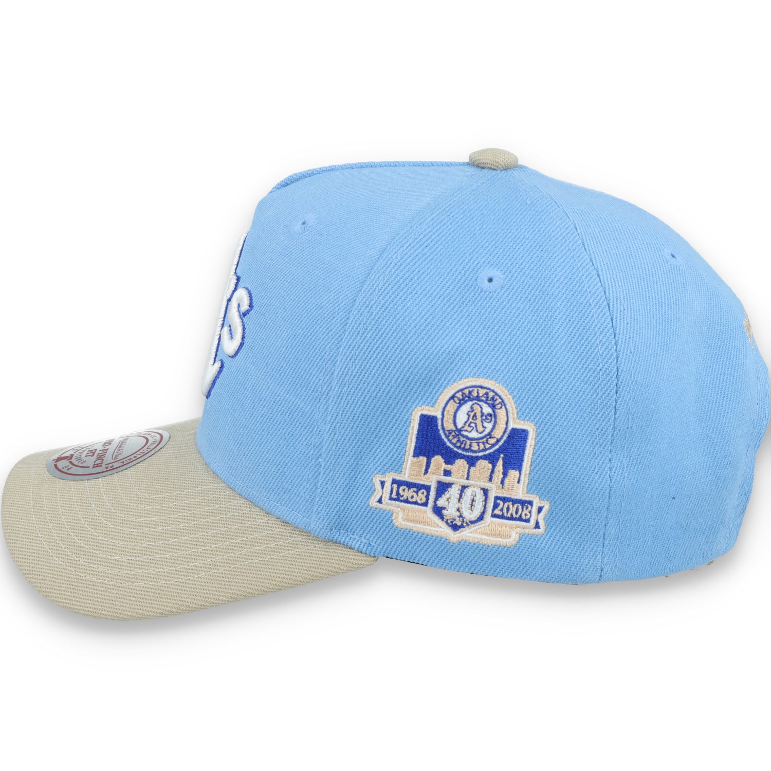 Mitchell & Ness Oakland Athletics 40TH Anniversary Side Patch Pro Pitch Snapback Hat-Light Blue/Beige