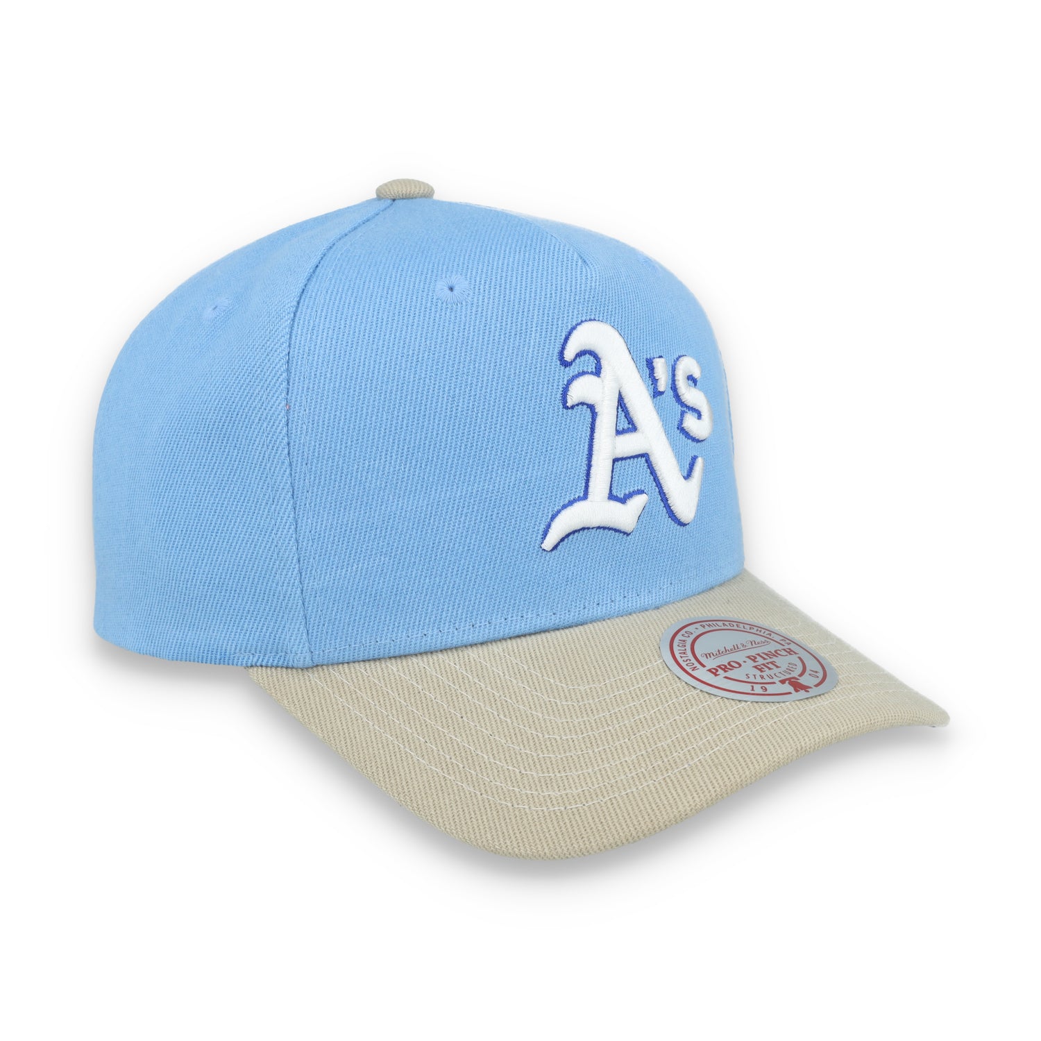 Mitchell & Ness Oakland Athletics 40TH Anniversary Side Patch Pro Pitch Snapback Hat-Light Blue/Beige