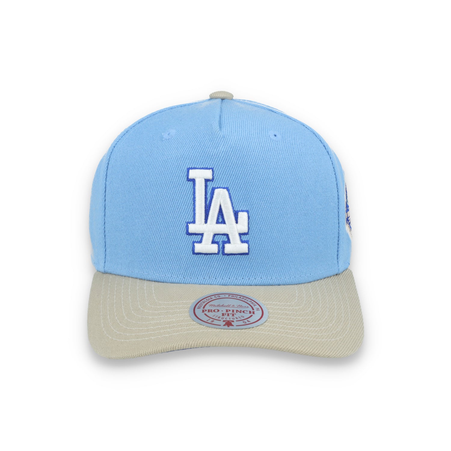 Mitchell & Ness Los Angeles Dodgers 50th Anniversary Side Patch Pro Pitch Snapback Hat-Light Blue/Beige