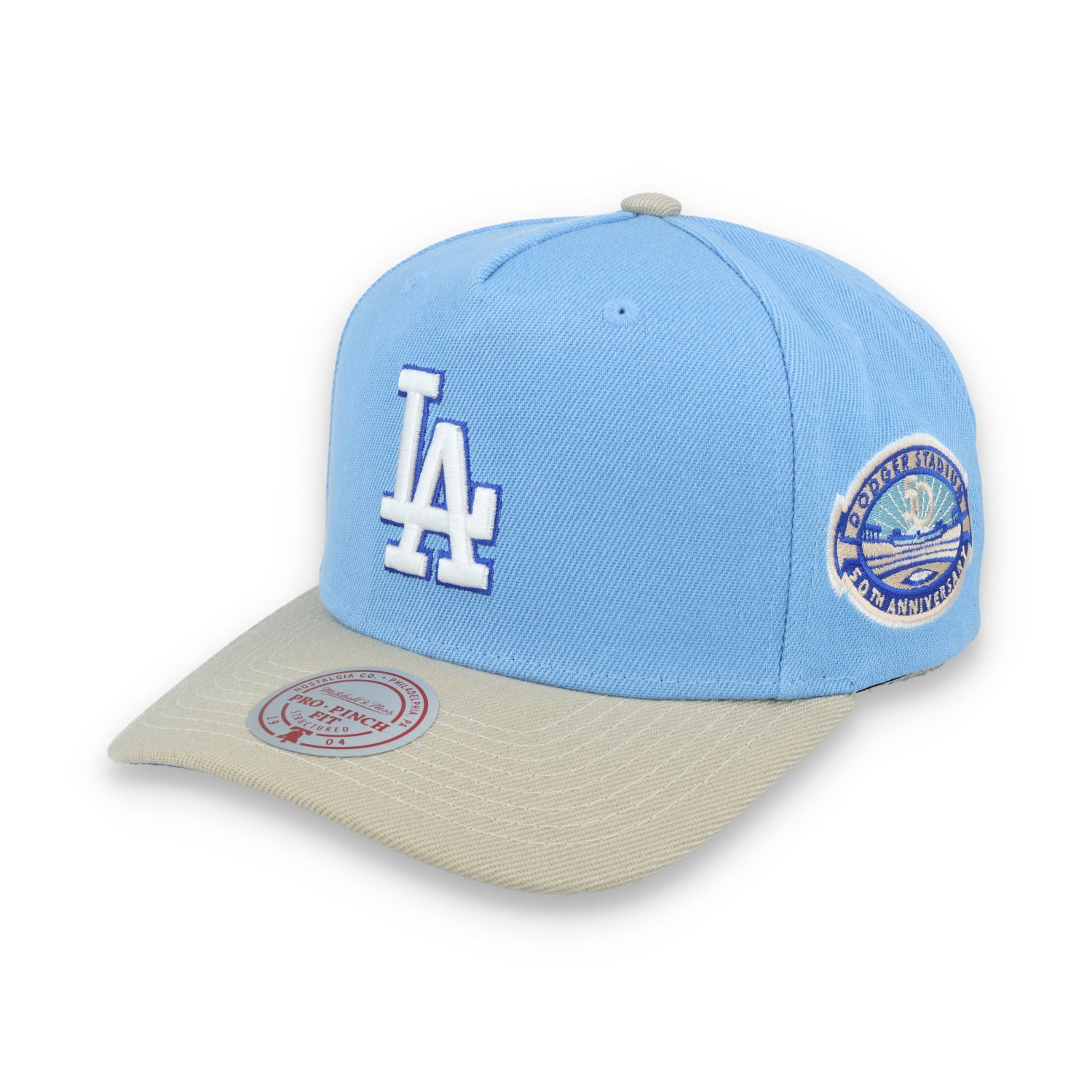 Mitchell & Ness Los Angeles Dodgers 50th Anniversary Side Patch Pro Pitch Snapback Hat-Light Blue/Beige