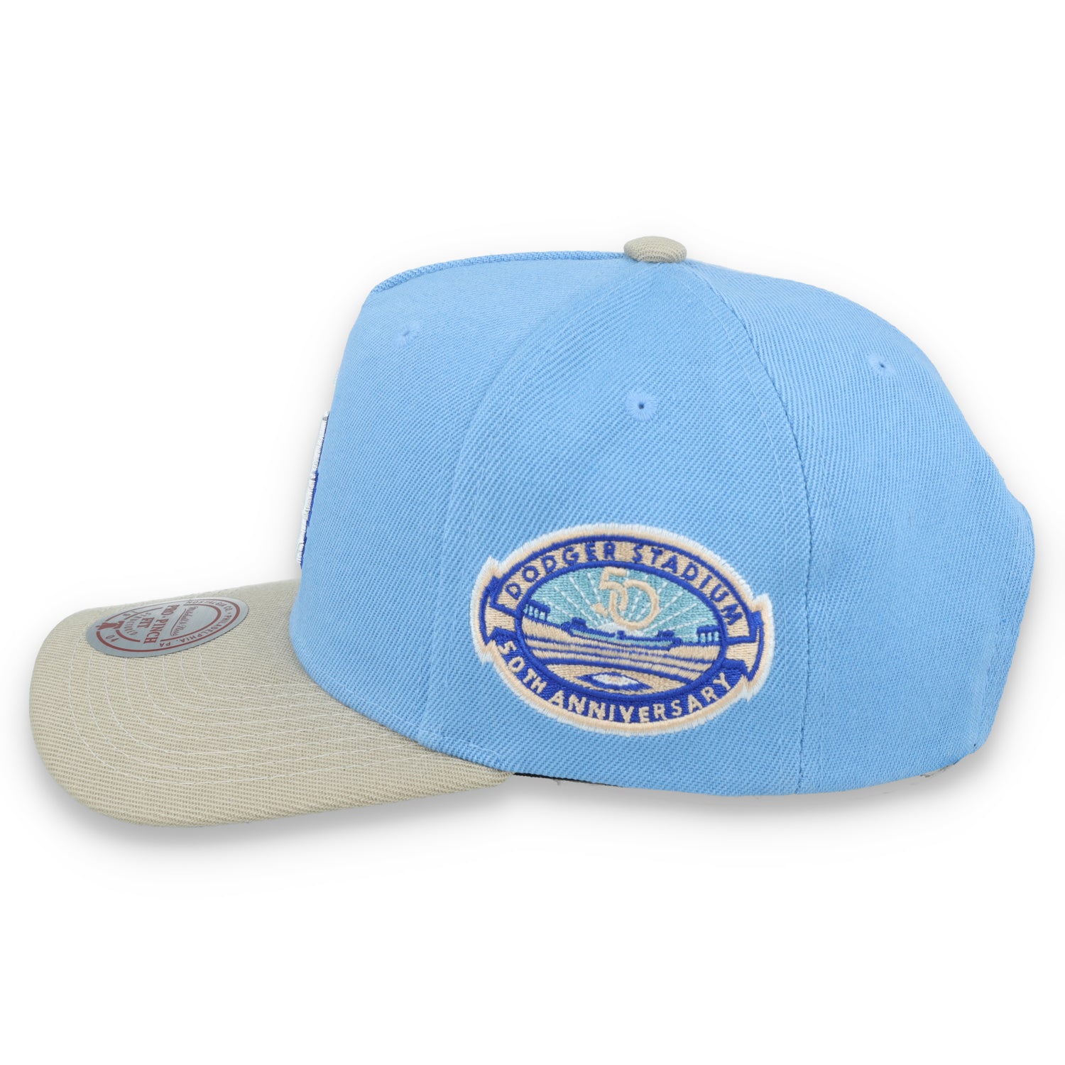 Mitchell & Ness Los Angeles Dodgers 50th Anniversary Side Patch Pro Pitch Snapback Hat-Light Blue/Beige