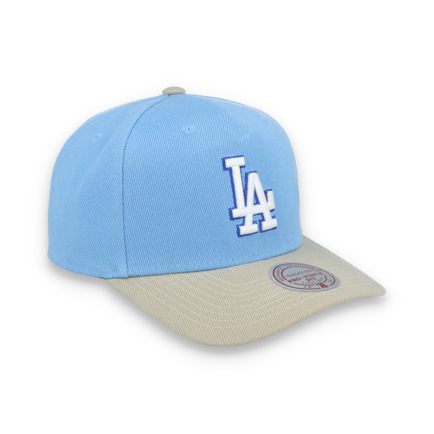 Mitchell & Ness Los Angeles Dodgers 50th Anniversary Side Patch Pro Pitch Snapback Hat-Light Blue/Beige