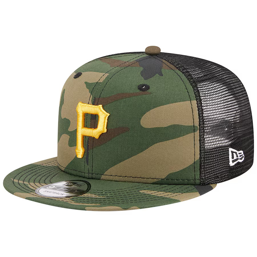 New Era Pittsburgh Pirates Woodland Trucker 9FIFTY Snapback Hat-Camo/Black