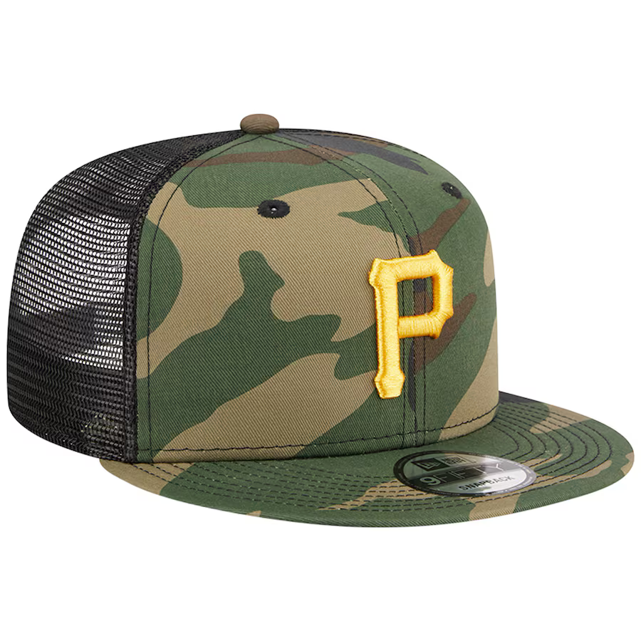 New Era Pittsburgh Pirates Woodland Trucker 9FIFTY Snapback Hat-Camo/Black