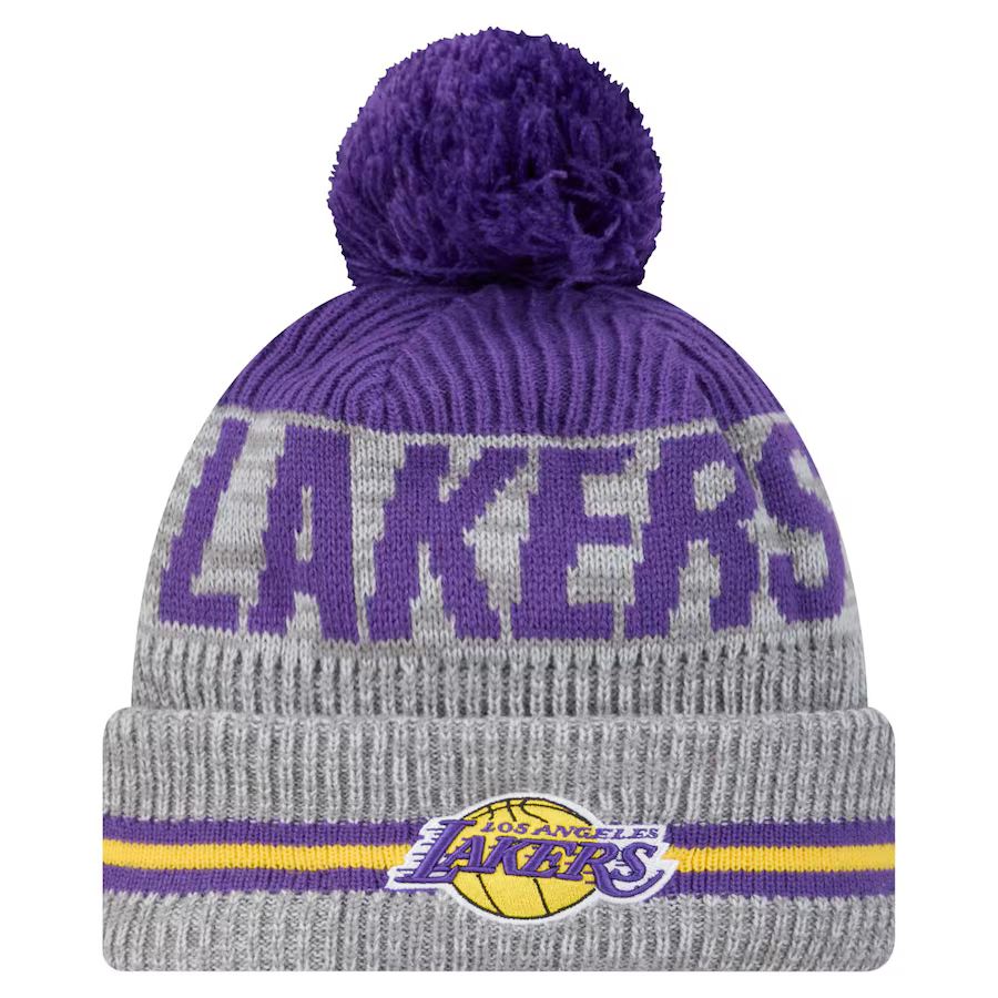 New Era Los Angeles Lakers Gray Sport Night Runner Cuffed Knit With Pom