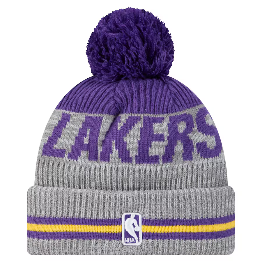 New Era Los Angeles Lakers Gray Sport Night Runner Cuffed Knit With Pom