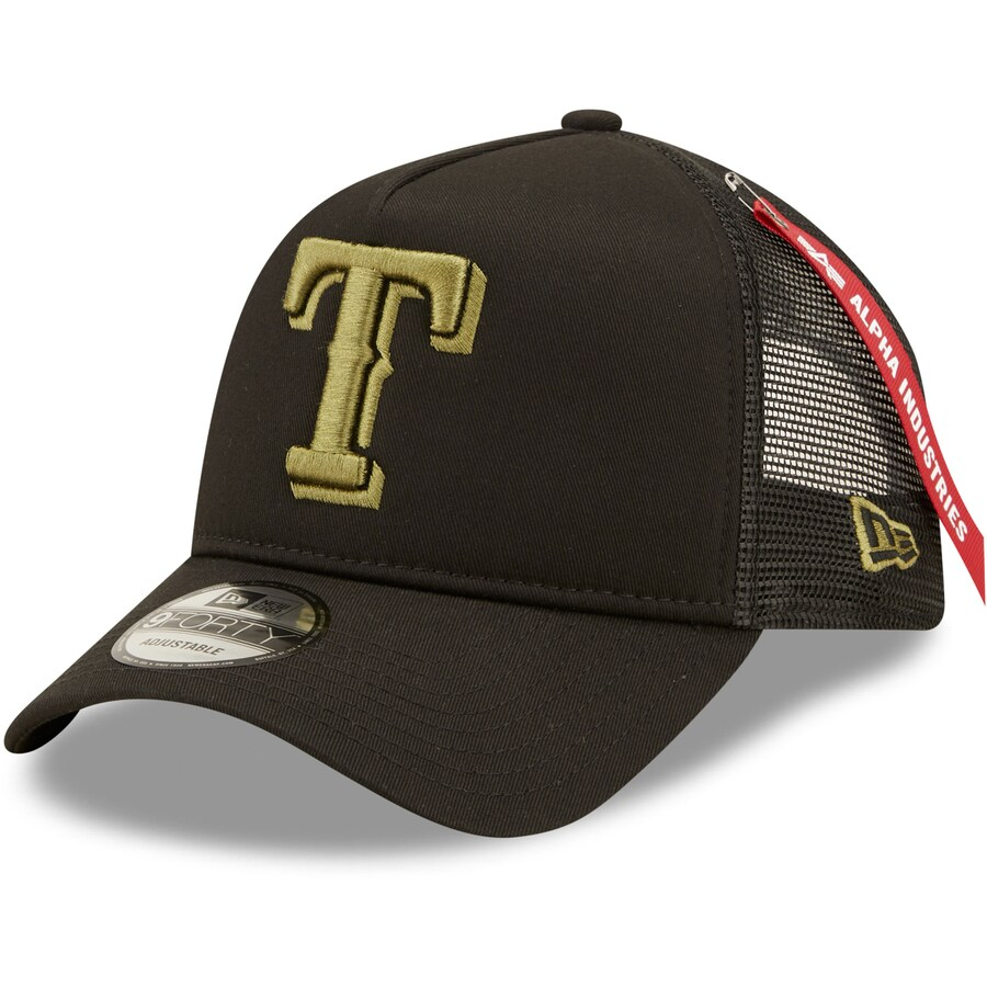 New Era Texas Rangers x Alpha Industries A-Frame 9FORTY Trucker Snapback Hat-Black