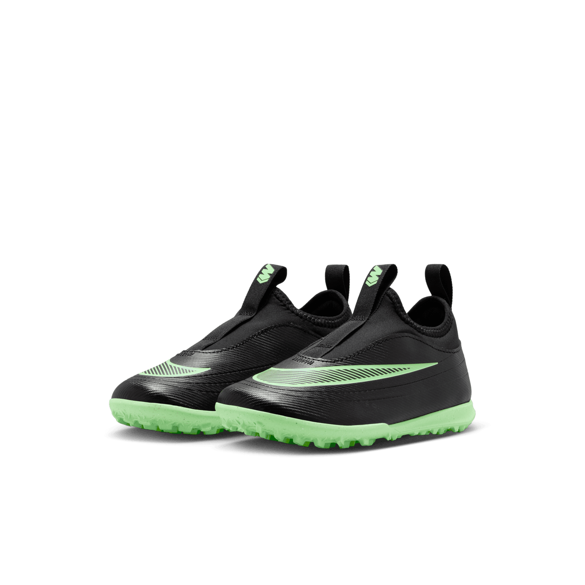 Nike Jr. Mercurial Vapor 17 Club Turf shoes in Black/Illusion Green, angled pair