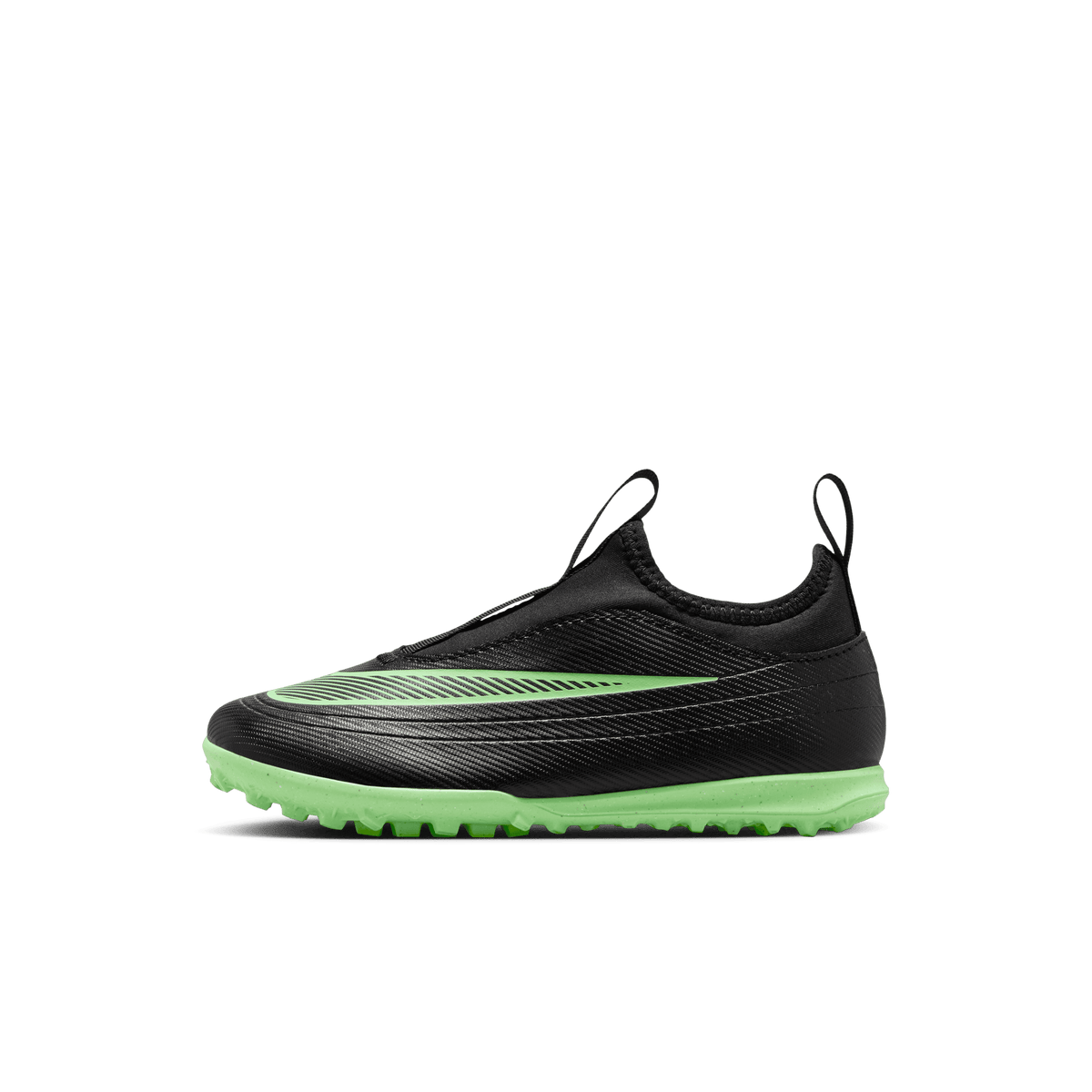 Nike Jr. Mercurial Vapor 17 Club Turf shoes in Black/Illusion Green, left side