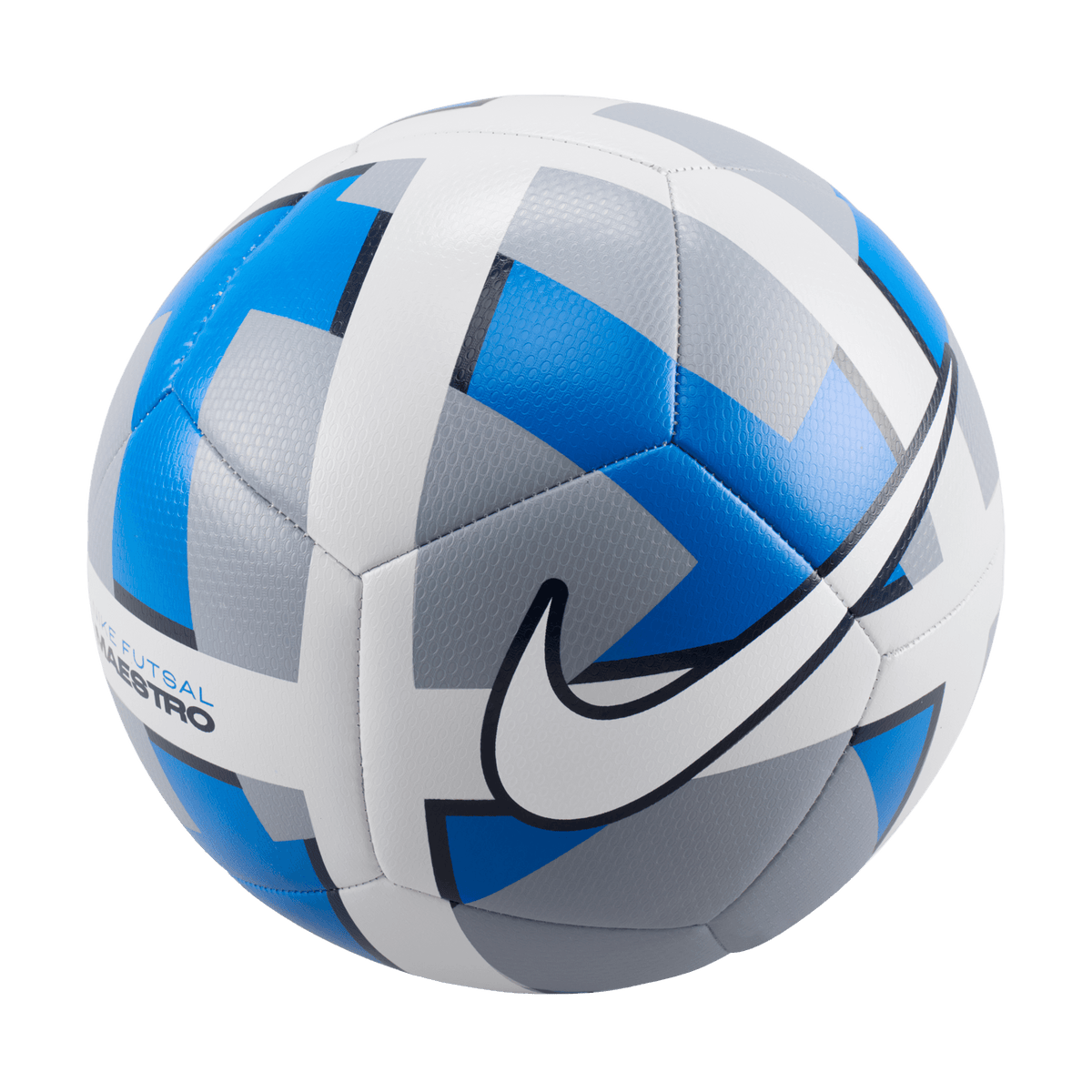 Front view of Nike Maestro futsal ball HV5100-464 in Obsidian Mist, Blue Spark and White