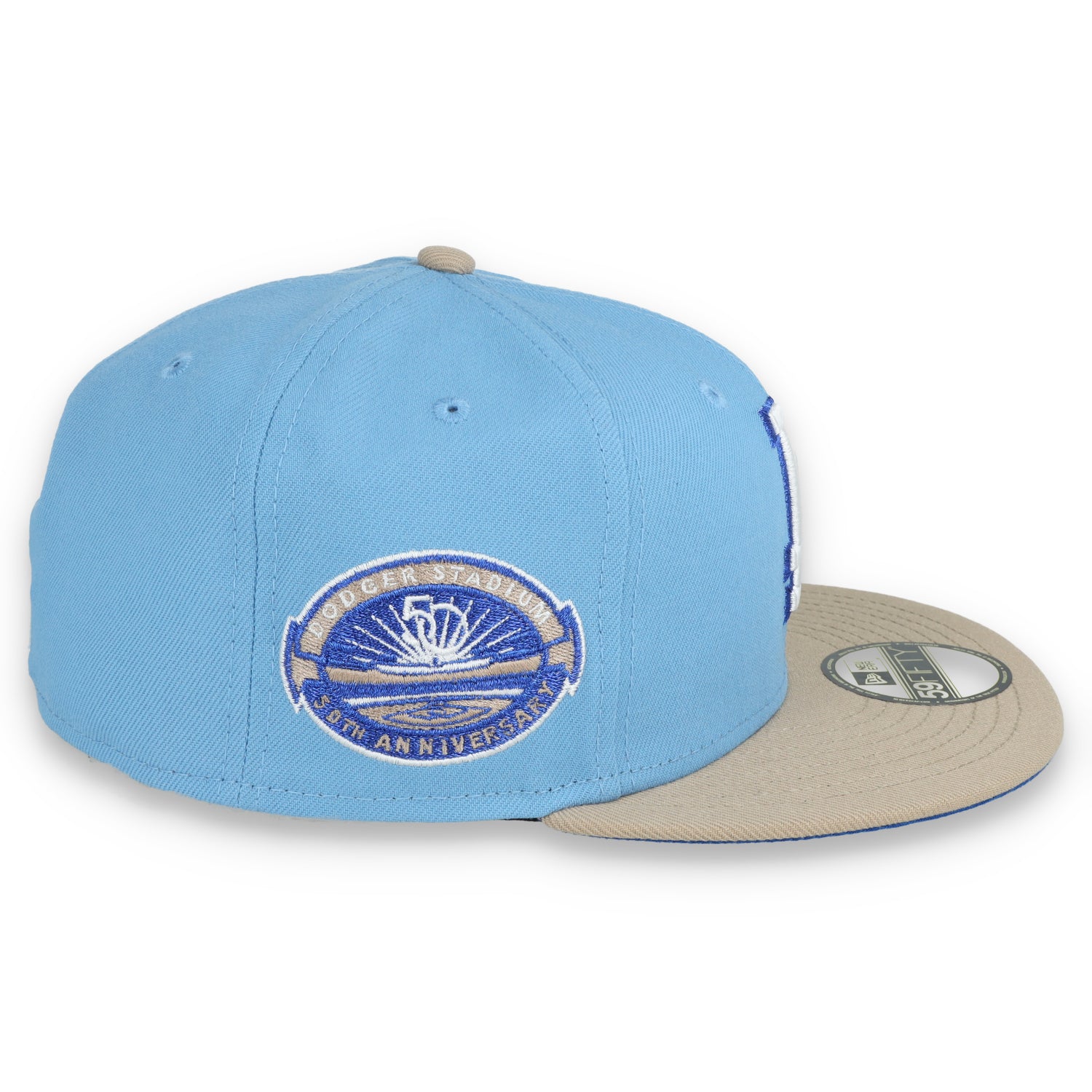 New Era Los Angeles Dodgers 50th Anniversary Side Patch 59FIFTY Fitted Hat-Sky Blue/Camel