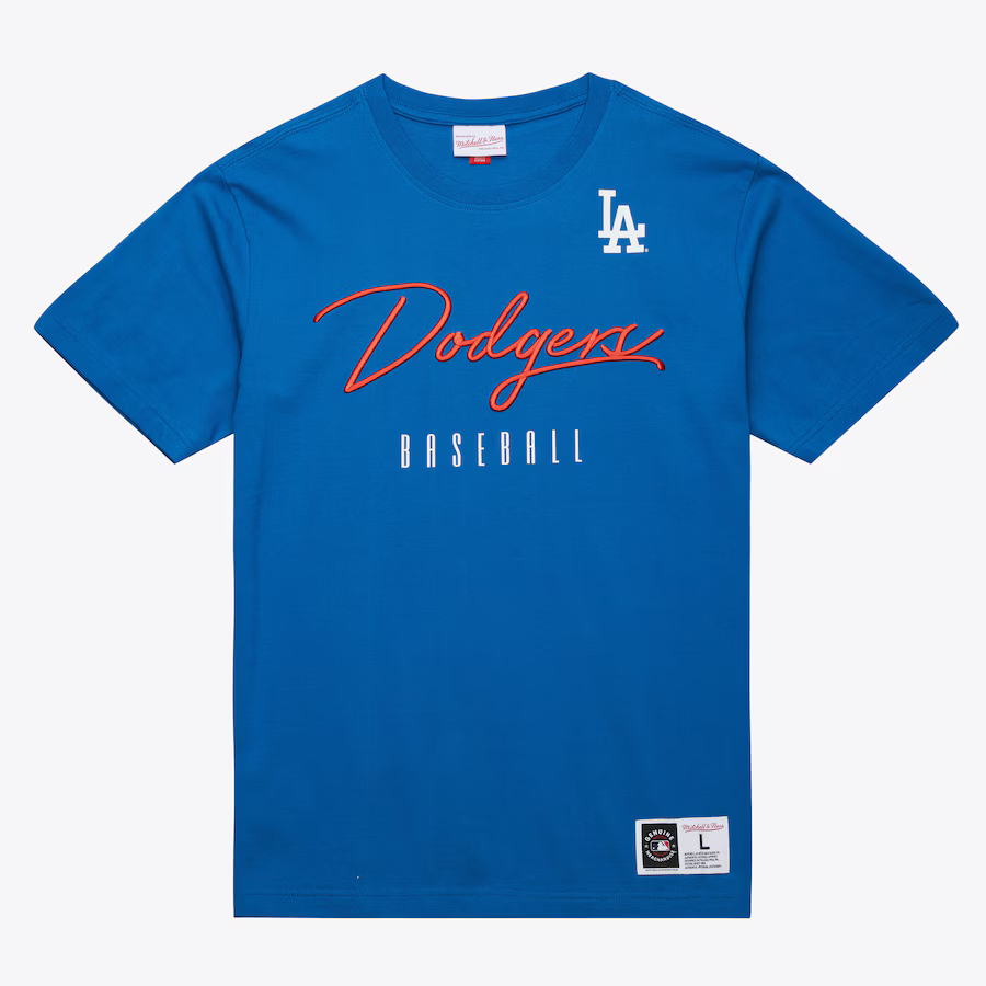 Mitchell and Ness Los Angeles Dodgers Blue Training Day Premium Short Sleeve Fashion T Shirt
