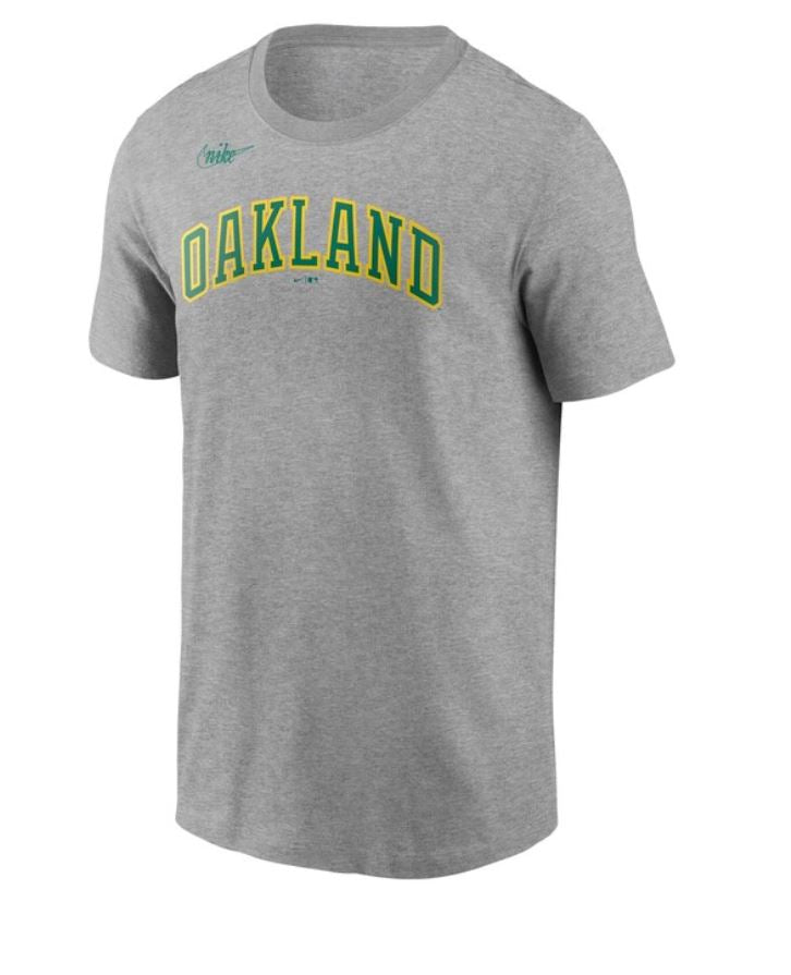 Men's Nike Heathered Oakland Athletics Cooperstown Collection Wordmark T-Shirt- GREY