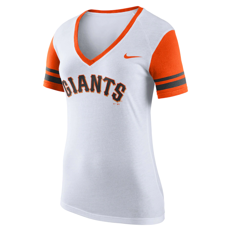 Nike Women's San Francisco Giants  White Wordmark Colorblock V-Neck T-Shirt-White/Orange