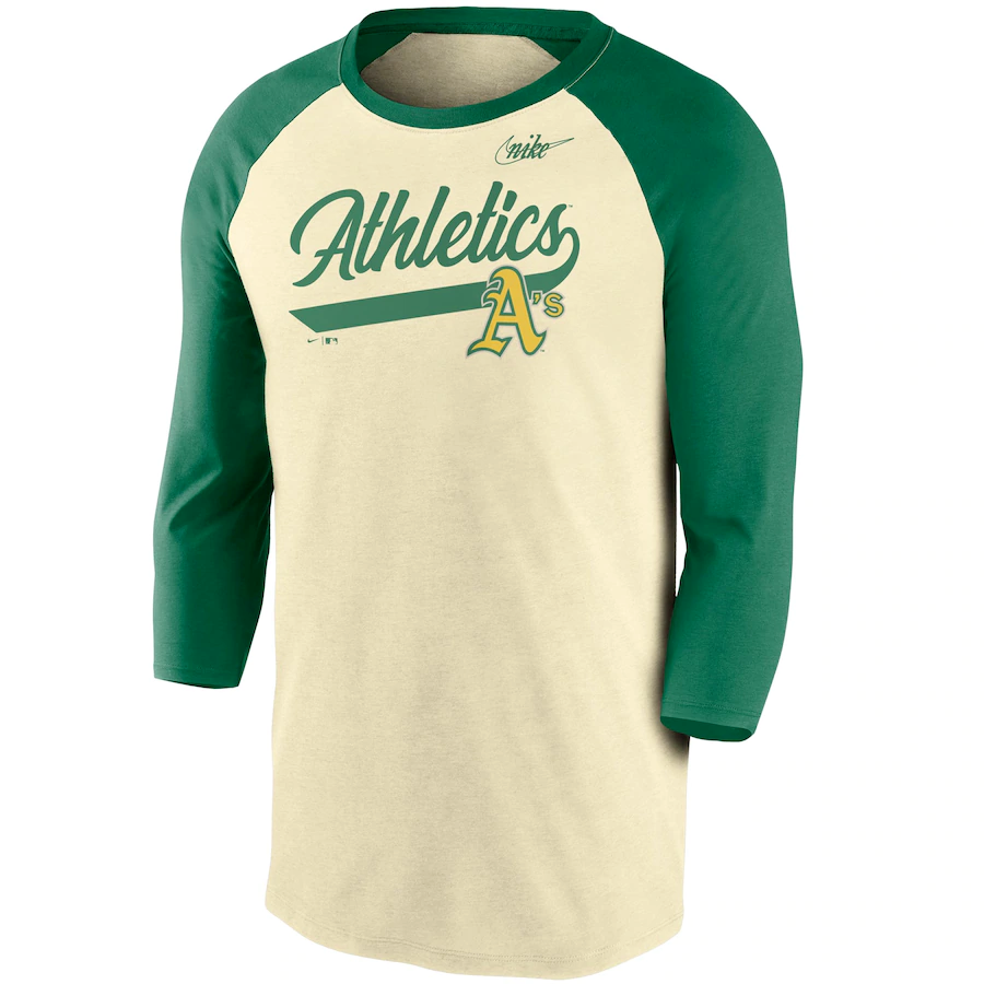Oakland Athletics Nike Cooperstown Collection Script Tri-Blend 3/4 Sleeve Raglan T-Shirt – Cream/Green