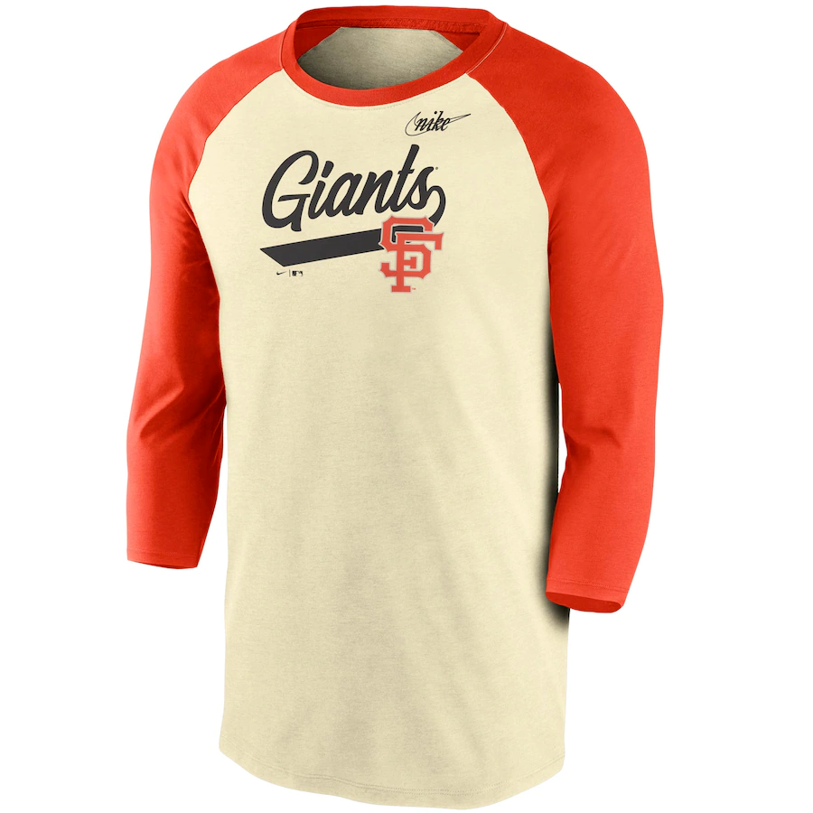 Nike San Francisco Giants Cooperstown Collection Script Tri-Blend 3/4 Sleeve Raglan T-Shirt – Cream/Orange