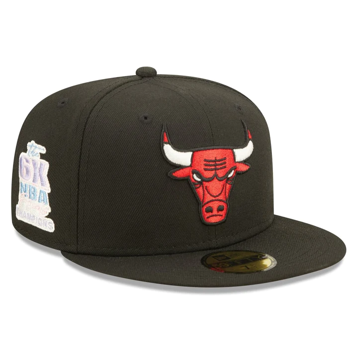 CHICAGO BULLS 6X NBA CHAMPION PATCH NEW ERA POP SWEAT 59FIFTY FITTED HAT PINK BOTTOM