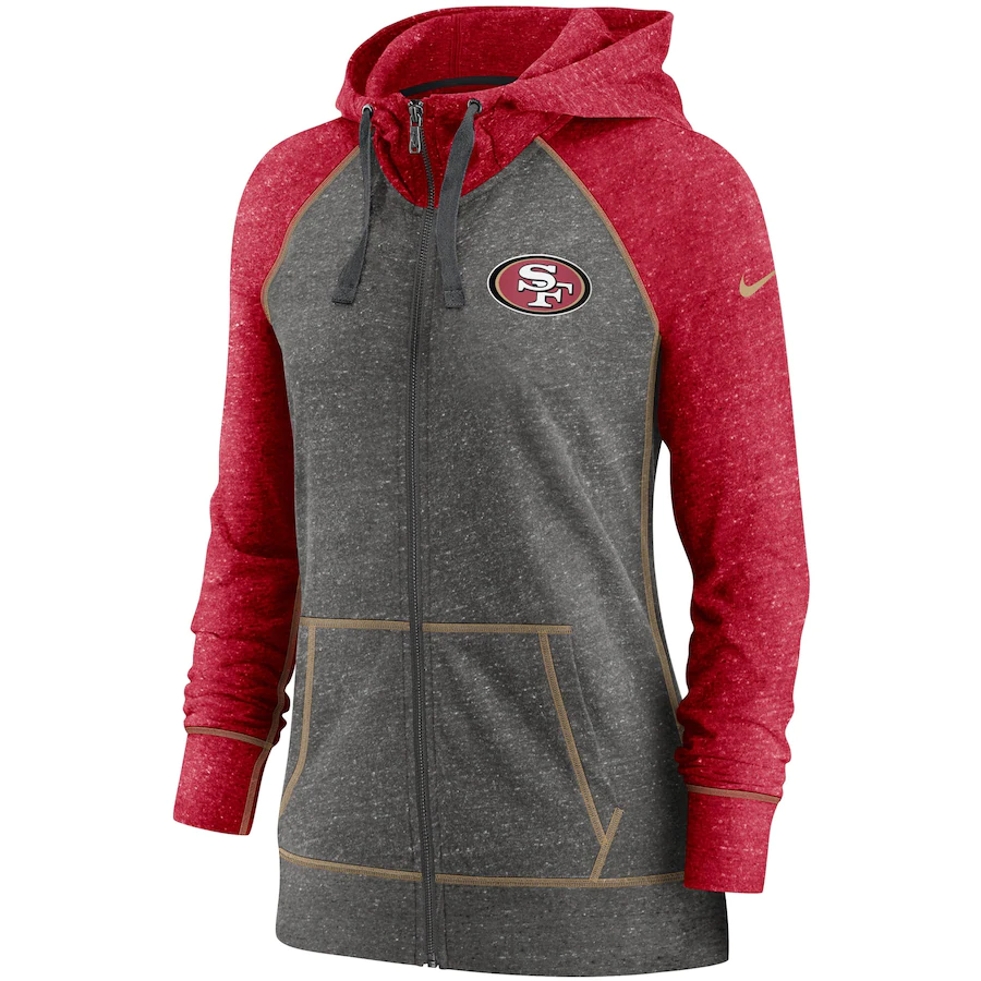 Nike Women's San Francisco 49ers Gym Vintage Raglan Full-Zip Hoodie – Heathered Charcoal/Scarlet